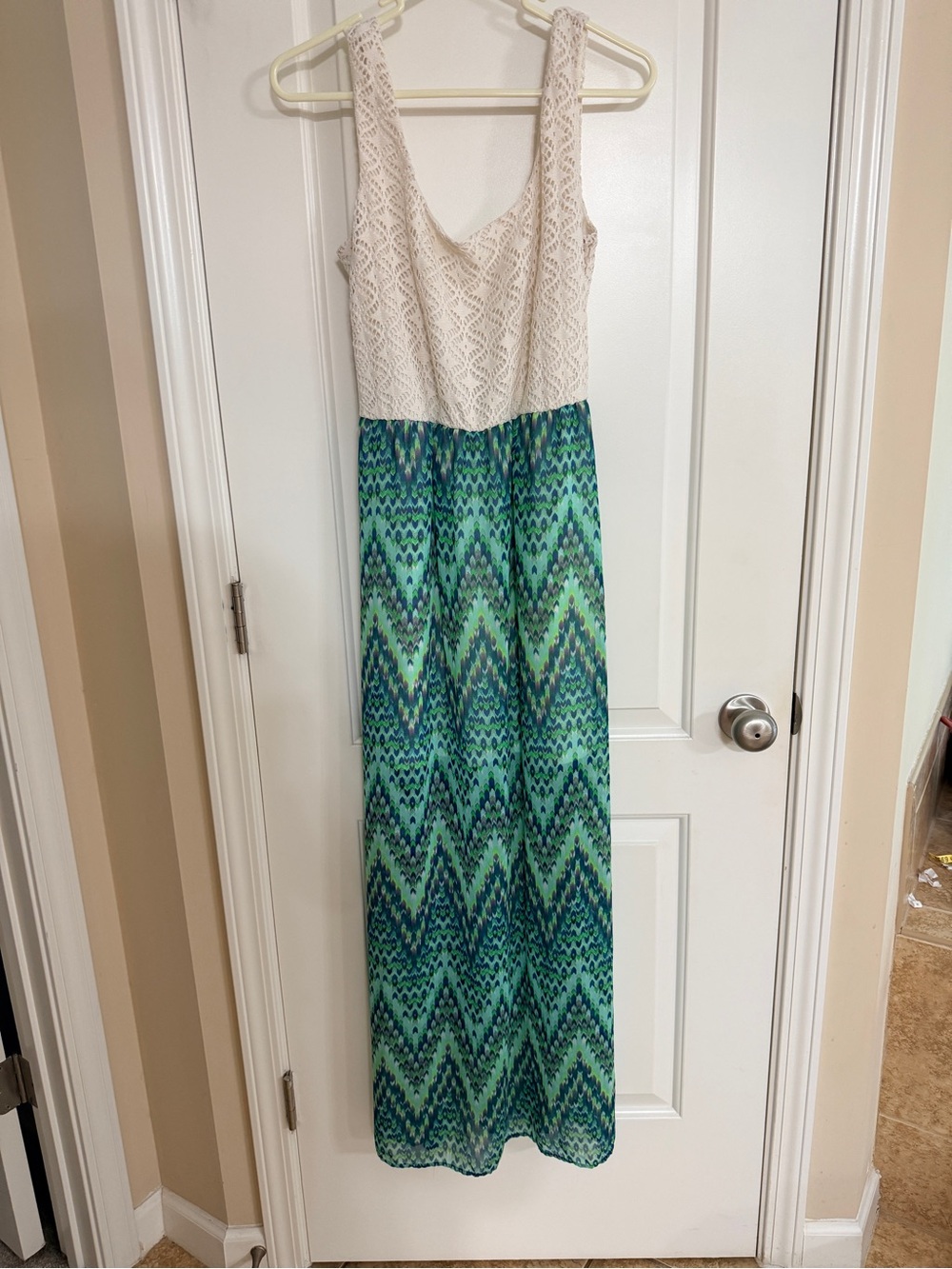 Charlotte Russe Cream Lace Top with Blue-Green Chevron Maxi Dress